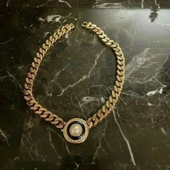 Rare Vintage Christian Dior Gold Plated Pearl and Crystal Collar Choker Necklace - Picture 2 of 14